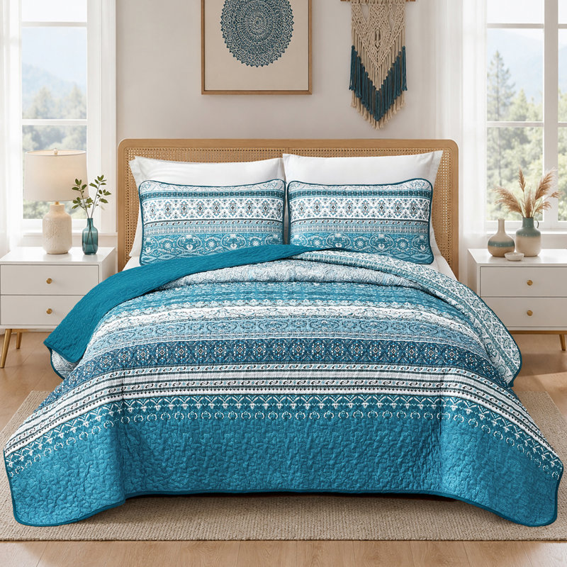 Ensemble de 3 courtepointe Boho Bohemian, Courtepointe très grand et 2 très grandes taies, Bleu sarcelle/bleu