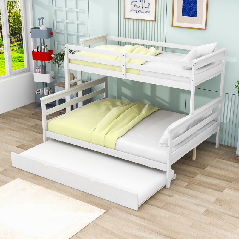 Lit superposé simple au-dessus de grand lit en bois avec lit gigogne, White