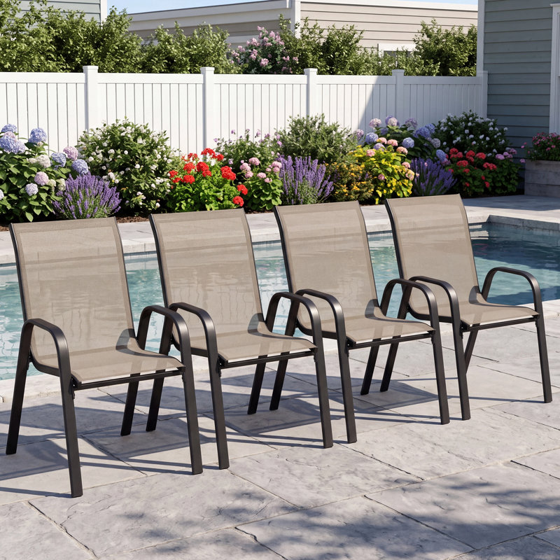 Ensemble de 4 fauteuils de jardin empilables, en textilène résistant aux intempéries, à dossier haut, pour terrasse, balcon ou piscine.