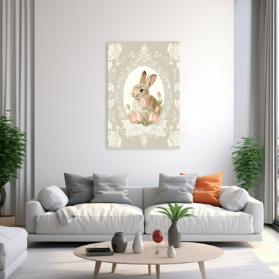 Sweet Bunny With Tulips Elegant Vintage Whimsical Rabbit Tulip Flower Spring Wall Art Print 1 Piece Wrapped Canvas Wall Art