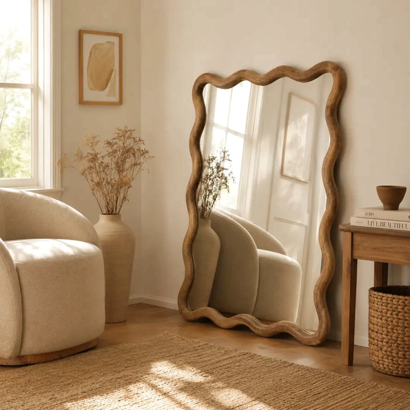 Miroir mural décoratif ondulé avec cadre en bois de manguier, 36 x 48 po