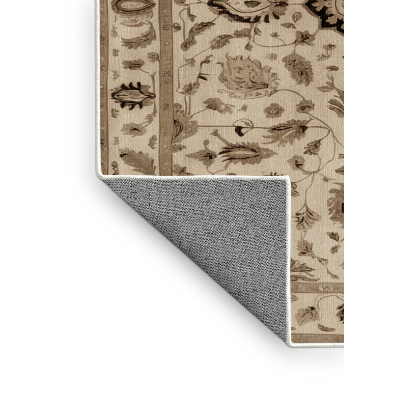 Machine Washable Tabriz Beige Area Rug, Square 3'