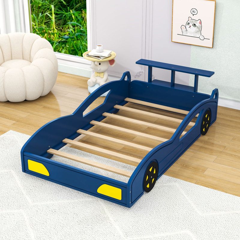 Lit de voiture de course simple en bois avec support de rangement et rails de sécurité, Bleu/jaune