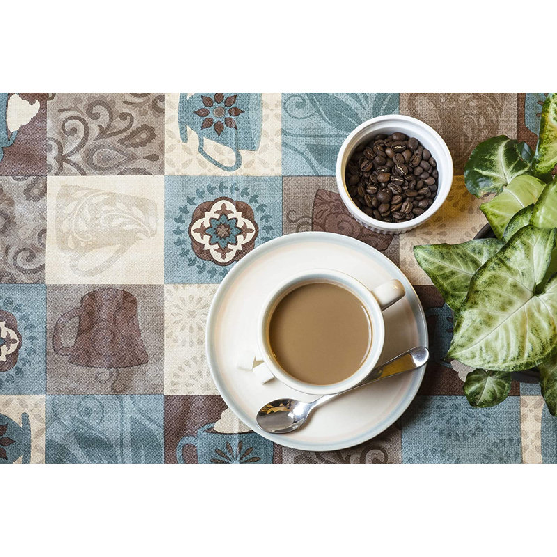 Canora Grey Deluxe Elastic Edged Flannel Backed Vinyl Fitted Table Cover - Global Coffee Pattern - Oblong/Oval - Fits Tables Up To 48" W X 68" L