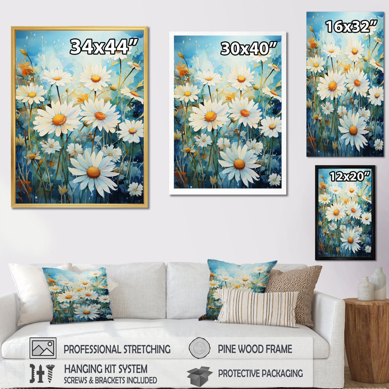 Meadow Daisy Dreams I - Floral & Botanical Canvas Print, Cadre photo argenté, H 32 po x l 24 po x P 1 po