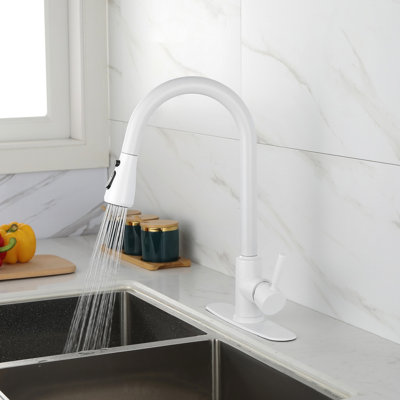 White Stainless Steel Kitchen Faucet With Pull-Out Spray Head, Modern Design For Simple And Elegant Look, 360 Rotatable Nozzle, Dual Water Output Modes Faucet, Stylish Two Settings, Easy Single