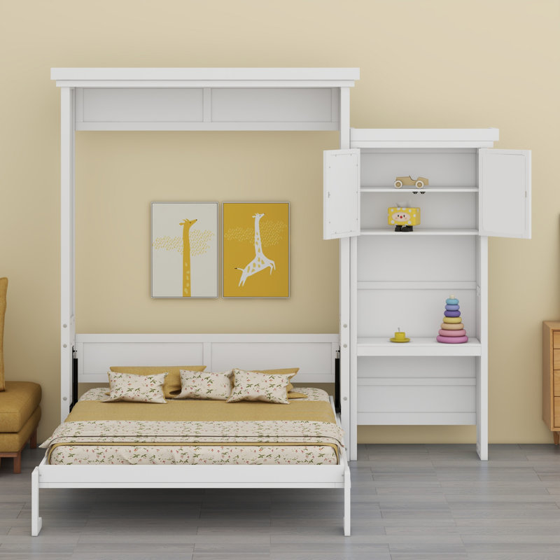 Grand lit escamotable avec persiennes et plusieurs tablettes de rangement, Blanc