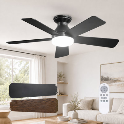 42" Modern 5-blade Ceiling Fan With Light, 3cct Led, 6-speed Dc Motor, Remote Control, Flush Mount, Black