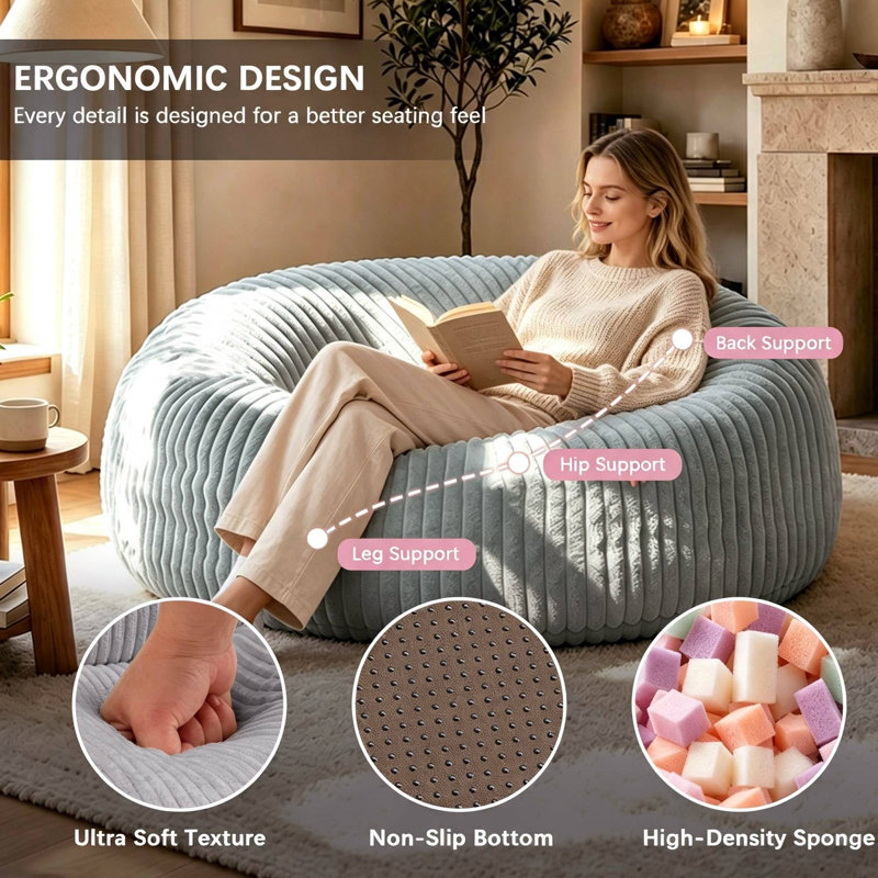 6 Foot Giant Bean Bag Chair,Memory Foam Filled Corduroy  Bean Bag Lounger for Lounging, Reading,Gaming,Compressed Packaging