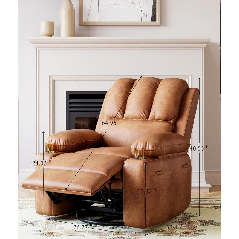 Oversized Manual Recliner with 2 Cup Holders and Side Pocket, Vintage Leather