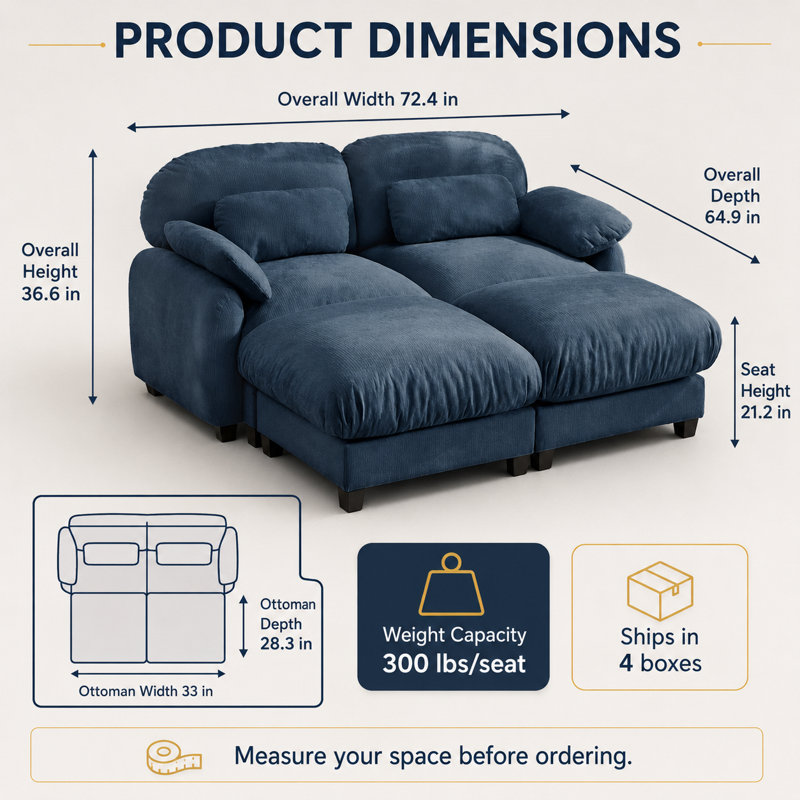 Canapé modulaire en chenille 2 places avec repose-pieds mobile Gailey, sièges profonds, coussins lombaires et coussins en forme de nuage
