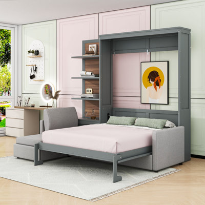 Grand lit escamotable avec canapé et tablettes, conception pliable