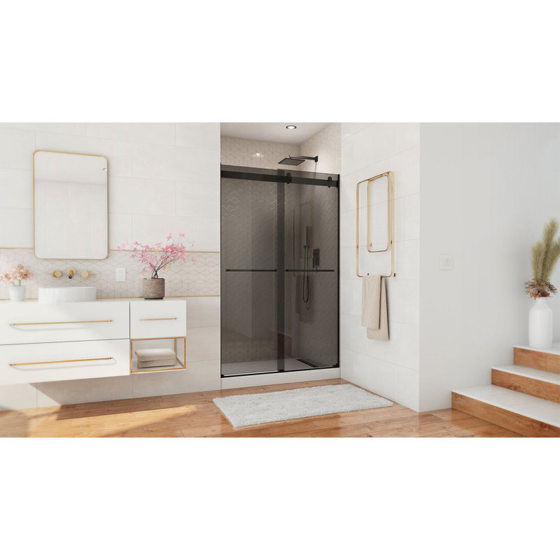44" - 48" W 76" H Reversible Semi-Frameless Shower Door with ClearMax Technology, Matte Black/Smoke Gray