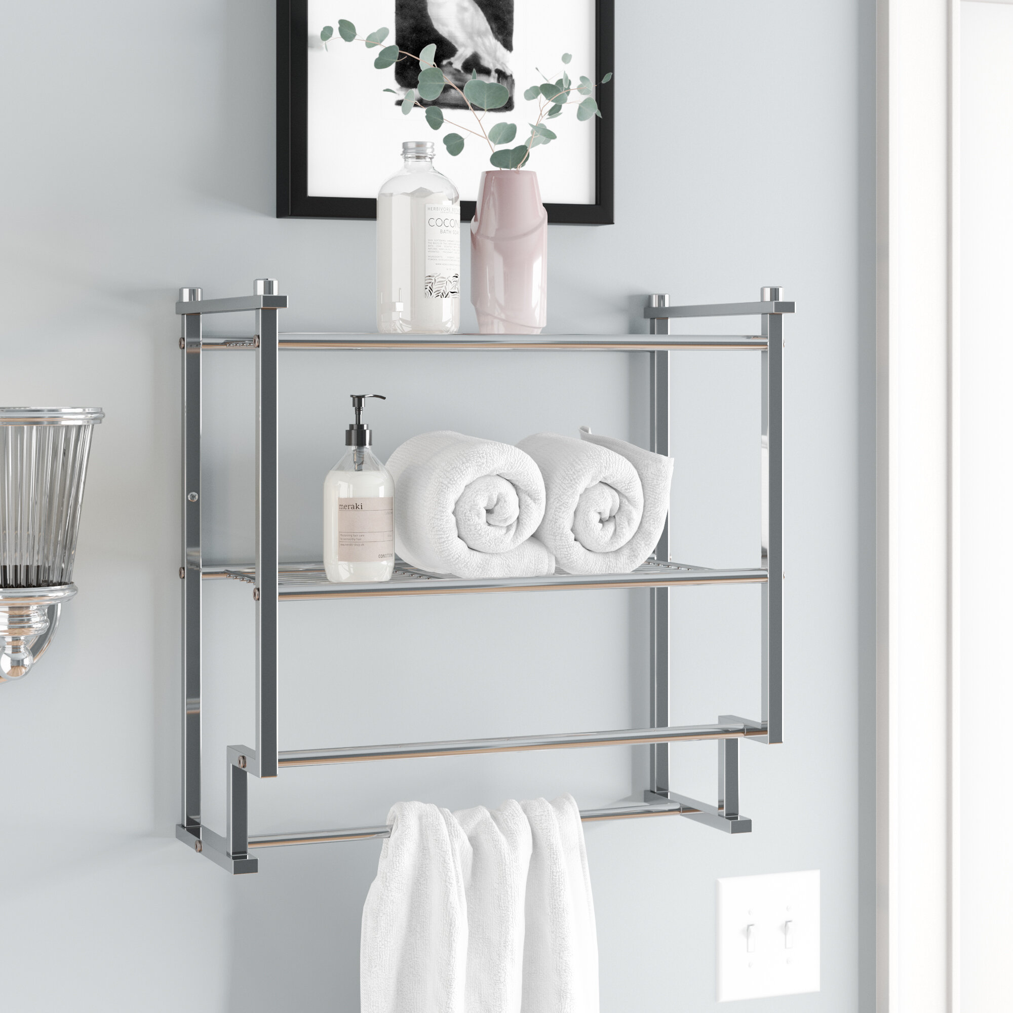 SunnyPoint Classic Square Bathroom Shelf, Tier Shelf with Towel Bar Wall 