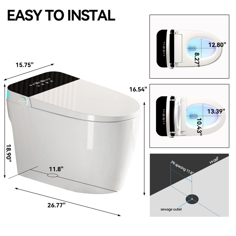 16.5"Smart Bidet One Piece Toilet with Auto Open Close Lid Heated Seat & Warm Air Dryer 4 Cleaning Modes One Piece Intelligent Toilet White Smart Toilet for Home Bathroom