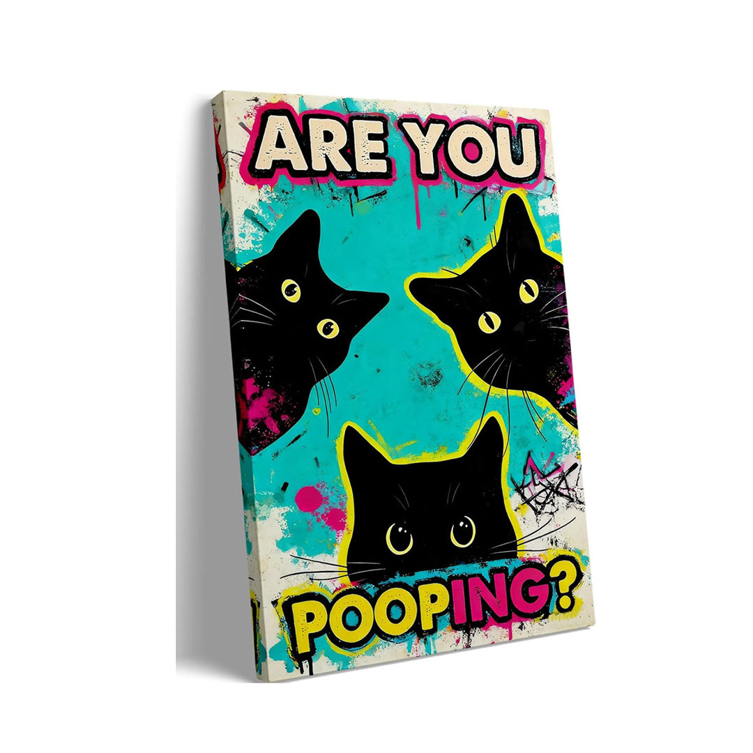 Funny Black Cat Bathroom Wall Art, Are You Pooping? Graffiti Pop Art Canvas Prints, 12x16 Inch Humorous Bathroom Decor for Washroom Restroom, Trendy C