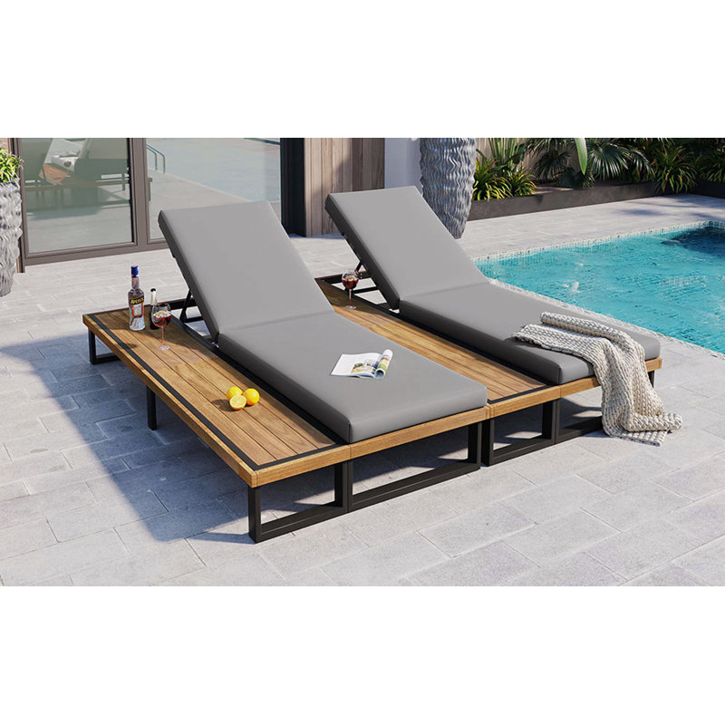 Outdoor Chaise Lounge Chair Set of 2 with 5-Position Adjustable Backrest , Reclinings with Cushions, Patio Loungers with Wood Side Table, Sturdy Frame for Poolside, Garden, and Backyard
