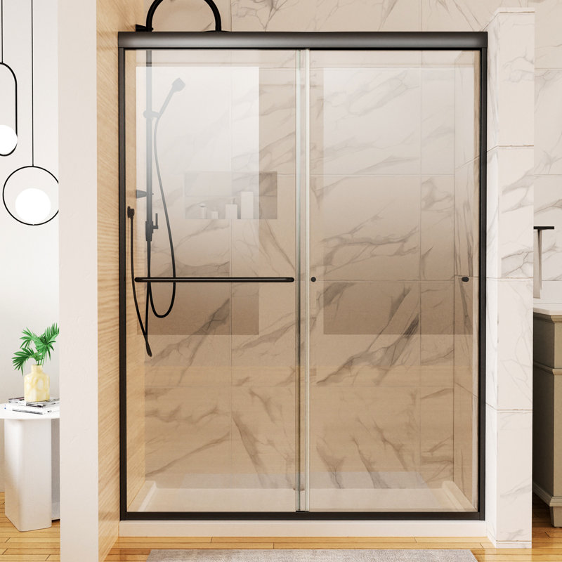 Matte Black Sliding Shower Door With Clear Glass And Stable Structure 54" X 72" Transparent Panels Base