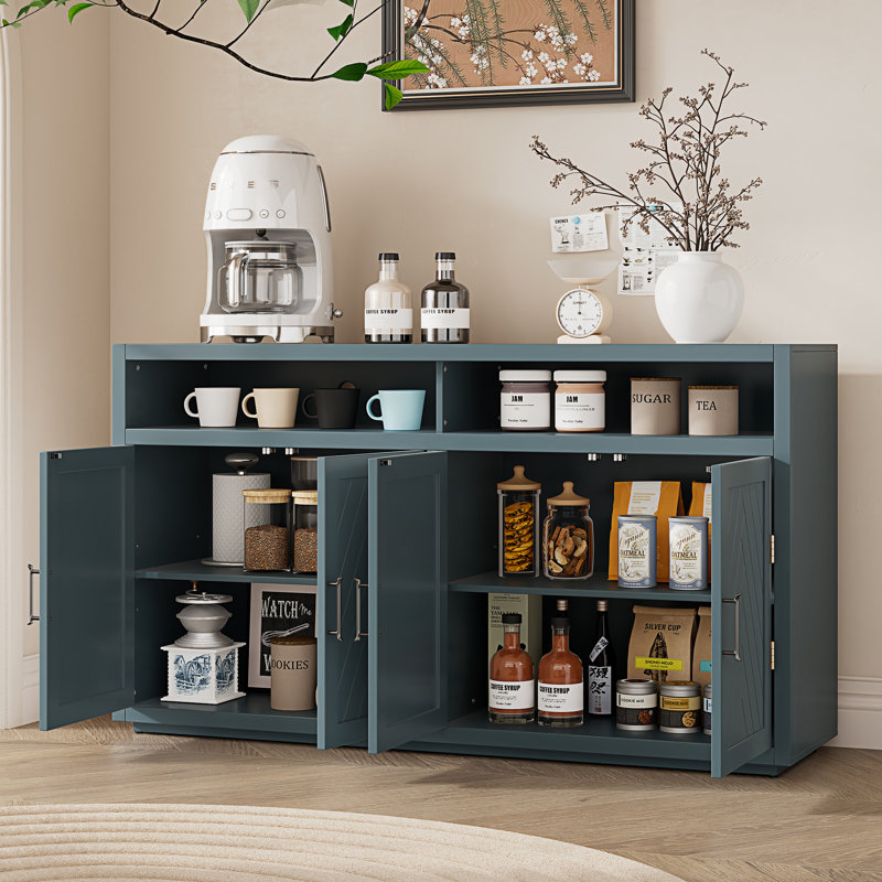Veton 60'' 4-Doors Sideboard with Open Storage and Adjustable Shelves, Console Tbale with Cabinet,Office Credenza, Smoke Blue