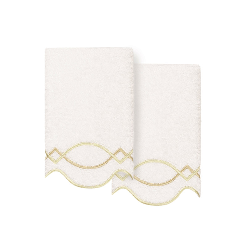  100% Turkish Cotton DIAMOND CHAIN Scallop 2PC Embellished Fingertip Towel Set, Fingertip Towel - 2 Pack, White/Beige