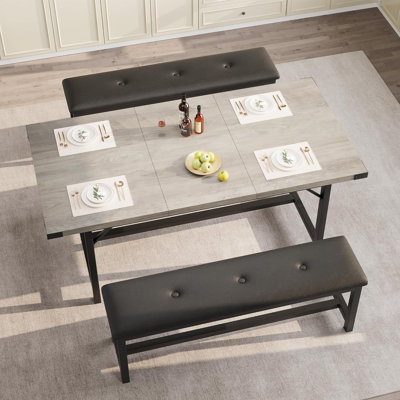 Ensemble de 3 grandes tables de salle à manger, ensemble de table de salle à manger extensible 63 po avec 2 bancs rembourrés