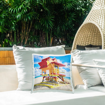 Beach Hut Landscape Outdoor Printed Pillow by LSR Design Studio