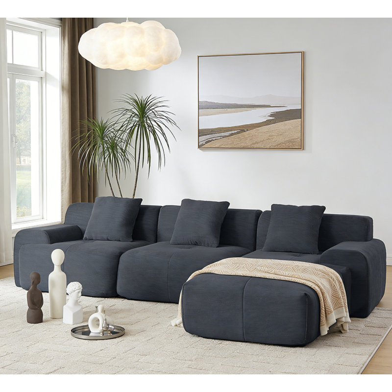 113" Modern L-Shaped Modular Sectional Sofa, Dark Gray Corduroy