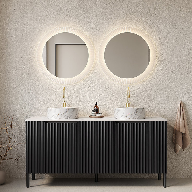 Meuble-lavabo autoportant avec 4 portes, 2 lavabos ronds en céramique avec motif en pierre et dessus en pierre frittée Carrara
