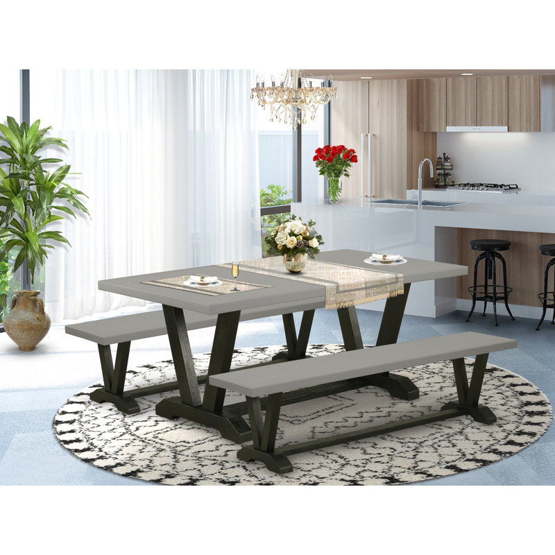 3-Piece Dining Table Set Consists of a Dining Room Table and 2 Small Benches - Cement Table Top and Wire Brushed Black Finish