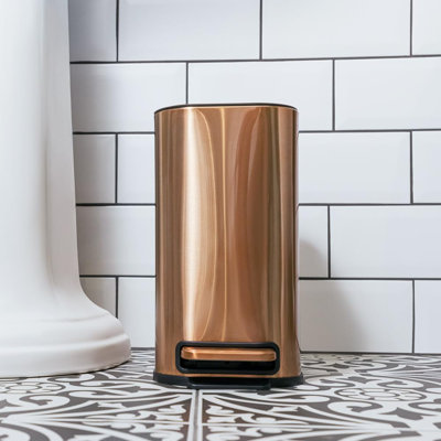 Slim Small 1.3 Gallon Stainless Steel Pedal Trash Can With Soft Close Lid For Narrow Spaces – Wastebasket Bin With Removable Inner Bucket For Bathroom, Kitchen, Bedroom, Or Office (Copper)
