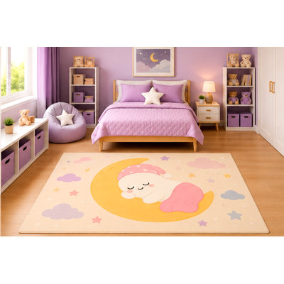 Tapis ultra-léger 152 x 213 cm (5' x 7') « Fantôme endormi sur croissant de lune » pour chambre d'enfant, crèche ou salle de jeux. Style scandinave minimaliste, kawaii et céleste. Dos en silicone antidérapant. Poils courts.