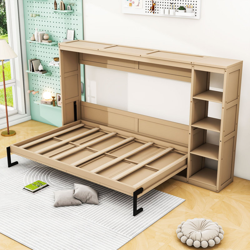 Lit escamotable en bois avec tablettes intégrées, Naturel, Double