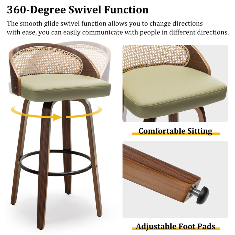 Huneycutt Mid-Century Modern Rattan Bar Stools With Upholstered Seat(Set Of 4), Counter Stool (25" Seat Height), Green
