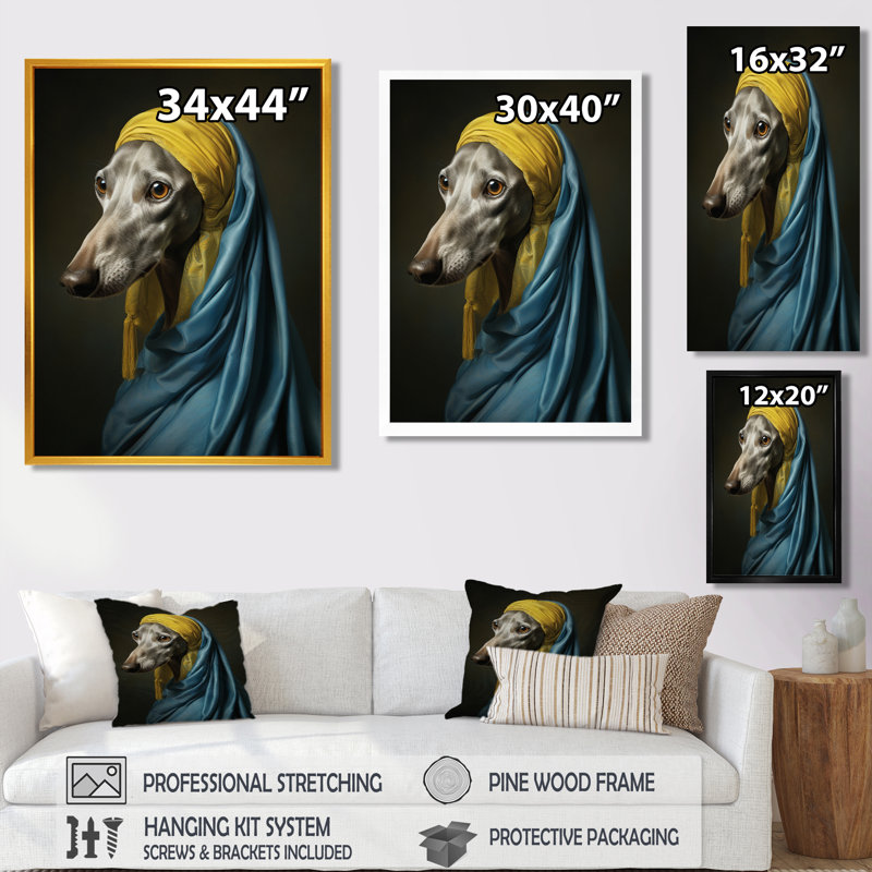 Élégant Portrait de lévrier - salon d'art mural chien, H 20 po x l 12 po x P 1 po, Toile avec cadre noir