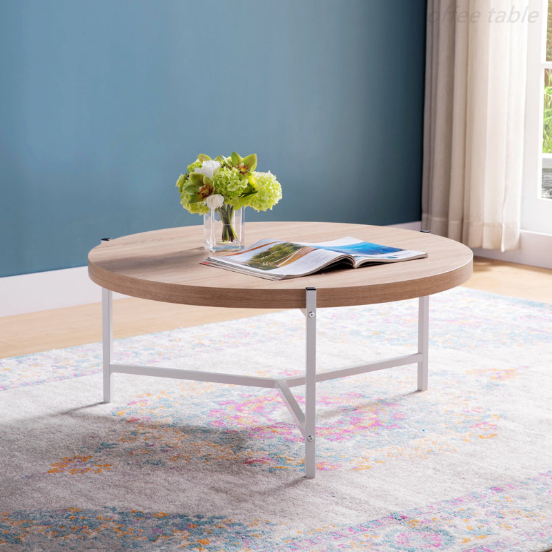 Karelle Round Coffee Table with Metal Legs, Oak Wood, White