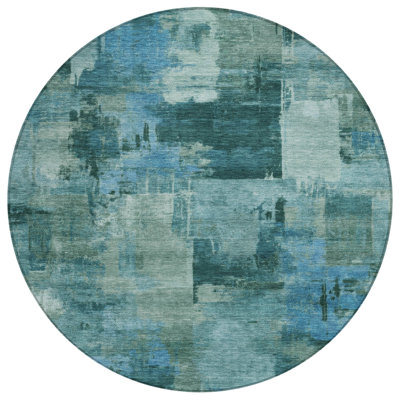 Tapis extérieur rond lavable abstrait bleu sarcelle et bleu pâle 8 pi