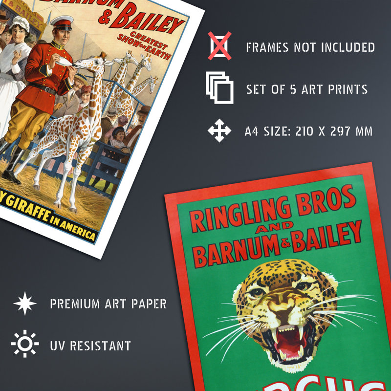 Barnum & Bailey Greatest Show On Earth 5-Piece Set Unframed Wall Art Prints Bathroom Bedroom Aesthetic Vintage Circus Advertising