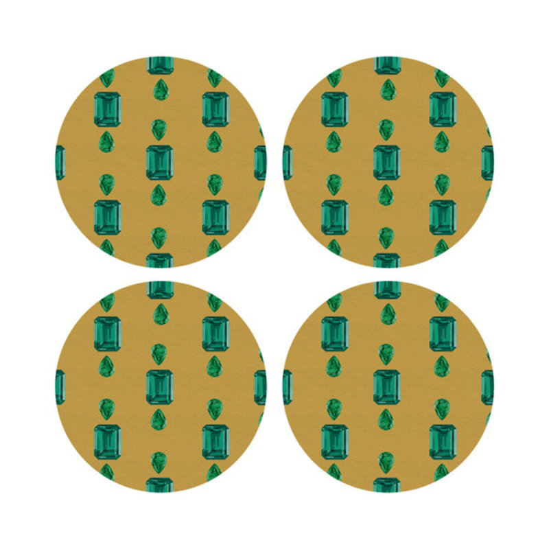 Gem Emeralds Gold Vegan Leather Round Coasters, Gold