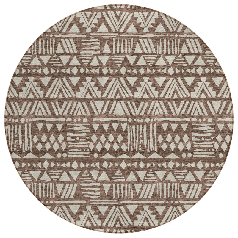 Tapis rond 8 pi brun et beige rond lavable pour l'extérieur Southwestern