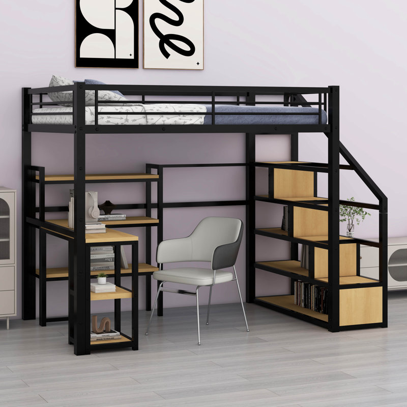 Mersie Full Metal Slats Loft Bed with Bookcase by Mason & Marbles, Black