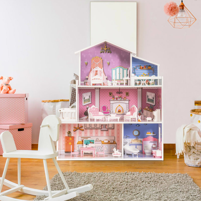 Wooden Dollhouse Playset, 3 Stories, 5 Rooms, 24 PCS Furniture, Pretend Play Toys Gift for Kids Toddlers Girls