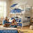 Arozu Twin Over Full Bunk Bed with Trundle & Stickers - Pine Wood Kids Bed with Night Sky Guard Rail & Ladder - Navy Blue & White-738681817