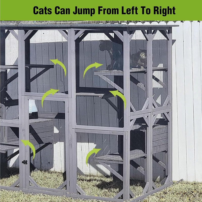 Grande cage à chat pour l'extérieur pour chat avec plusieurs plates-formes avec 7 plateformes et 2 boîtes de repos, toit en asphalte, 70 pouces Catio