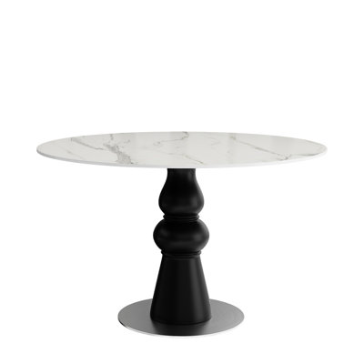 Table de salle à manger ronde 43 po, plateau en pierre frittée, base en bois massif, style victorien, finition brillante dans les sièges de cuisine 4