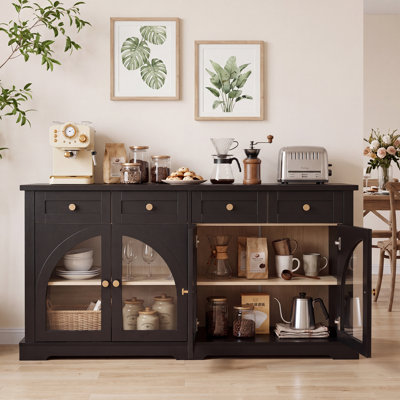 Buffet d'appoint rétro de 60 pouces avec 4 tiroirs et portes cintrées en verre