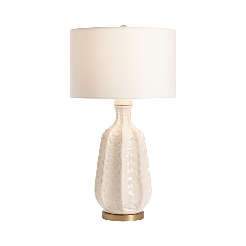 White Ceramic Table Lamp With Ridged Body And Gold Accents