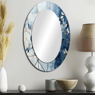 Miroir mural ovale bleu et gris sur une branche I