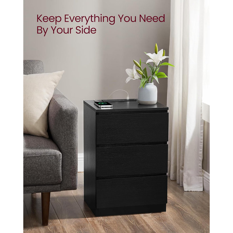 Bedside Table With Charging Station, Side End Table With 3 Drawers, 2 AC Outlets, 2 USB Ports, Bevelled Drawer Fronts, For Living Room, Bedroom, Study, Modern