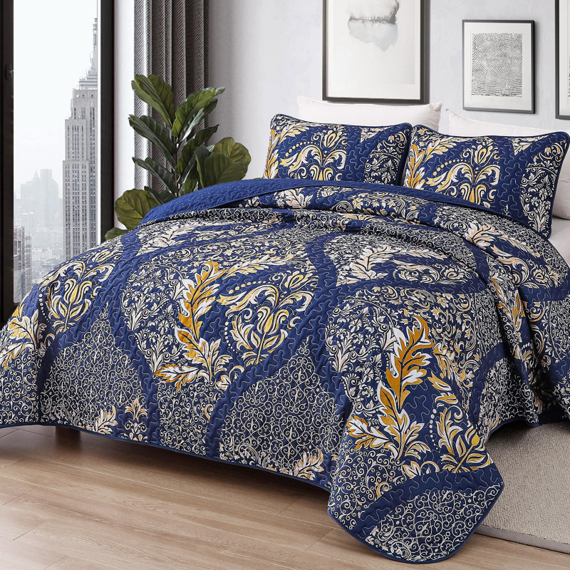 Ensemble de couvre-lit 3 pièces Boho, Bleu marine/doré, Courtepointe de grande taille et 1 taie d'oreiller