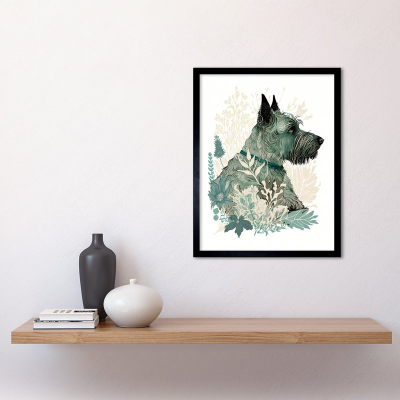 Scottish Terrier Dog Lying In Flower Field Modern Teal Tan - Single Picture Frame Print